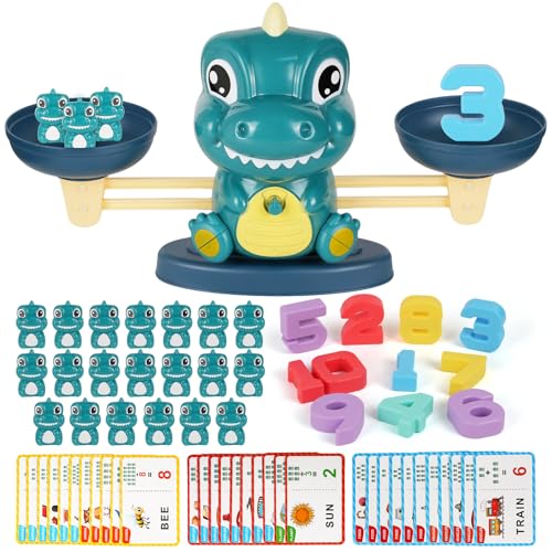Dinosaur Balance Toy for Kids – Montessori Math Game and Counting Tool for Preschool Learning, Educational Activity Set for 3 Year Old and Up, Cool Classroom Must-Have - color: Blue