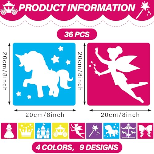 36pcs Princess Drawing Stencils 8 Inch Sidewalk Chalk Stencils Painting Large Washable Reusable Garden Theme Princesses Fairies Primary Shape Template - style: Princess