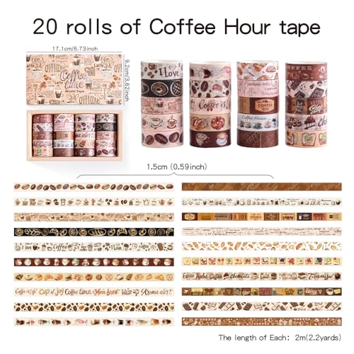 icceemee 20 Rolls Coffee Theme Washi Tape Set, Writable Decorative Tapes for Scrapbooking, Junk Journal Supplies, Bullet Journaling, Bullet Journaling, 0.6"x79" per Roll - style: Coffee
