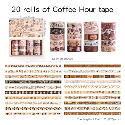 icceemee 20 Rolls Coffee Theme Washi Tape Set, Writable Decorative Tapes for Scrapbooking, Junk Journal Supplies, Bullet Journaling, Bullet Journaling, 0.6"x79" per Roll - style: Coffee