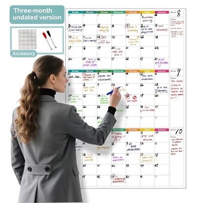 24" x 36" Dry Erase Wall Calendar large - Undated 3-Month Agenda Planner Calendar, Erasable and Reusable Whiteboard, 20 non-mark round double-sided glue, Vertical Layout for Office, Classroom, or Home