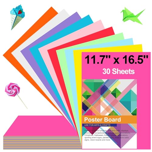 30 Pcs Poster Board Colorful Paper 11.7x16.5, ROOKEA Vision Boards Bulk Blank Graphic Display Posterboard Card Paper for Arts Craft Projects Drawing Scrapbooking - size: 11.7" x 16.5"