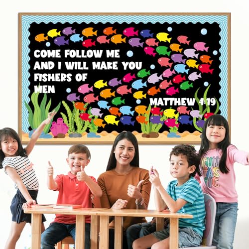 Fishers of Men Bulletin Board Classroom Decorations Christian Religious Bible Bulletin Board Sets Fish Paper Cutouts for Jesus Church Sunday Summer VBS Back to School Teacher Chalkboard Wall Supplies - style: Fishers of Men
