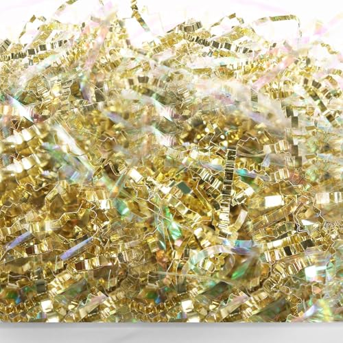 PAPER FAIR Metallic Iridescent Gold Crinkle Cut Paper Shredded Filler, 5OZ Sparkling Crystal Gold Paper Shreds Raffia Tissue, Craft Bedding Cushion, for Christmas Gifts Wedding Easter Bridesmaid - color: Iridescent Gold