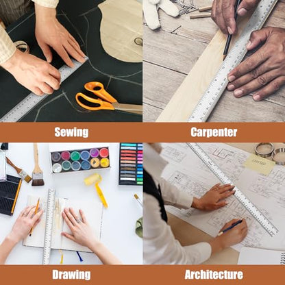 36 Inch Metal Ruler, Stainless Steel Straight Edge Ruler with Cork Backing, Non-Slip Imperial & Metric Measuring Tool for School, Office, Woodworking, Drafting - style: 36"Single