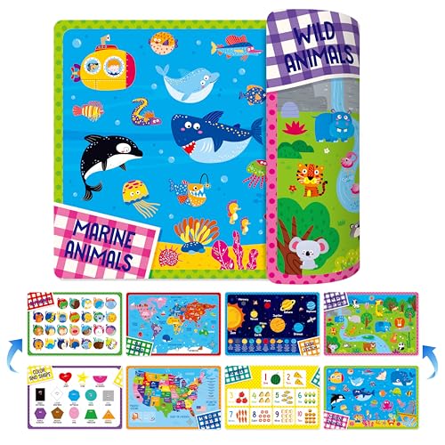 4 Pack Placemats for Kids, Non-Slip Washable Table Mats, Double-Sided Reusable Universe, Alphabet, Numbers, Map of USA & World Educational Placemats for Home, Kindergarten, Classroom, Nursery - style: Basic Cognition-Double-Sided