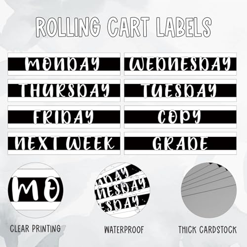 12 Pieces Rolling Storage Cart Labels 10 Drawer Rolling Storage Cart Label Blackwhite Classroom Decor for Teacher Office School Classroom Organization - style: Blackwhite
