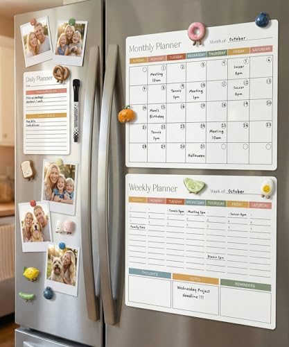 Beautiful Magnetic Dry Erase Calendar Set of 3 - Easy-to-Erase Whiteboard with Marker & Premium Magnet for Your Fridge - The Perfect Weekly and Monthly White Board Organizer for Everyday Planning