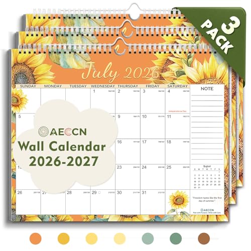 AECCN Calendar 2026-2027 3 Pack, 18 Months Calendars, 14.4" x 11.4" Durable Thick Paper, Anti Ink Bleed, Wall Calendar 2026-2027 with Stickers for Home, school, Office Planning-Flower - color: Flower-3 PACK