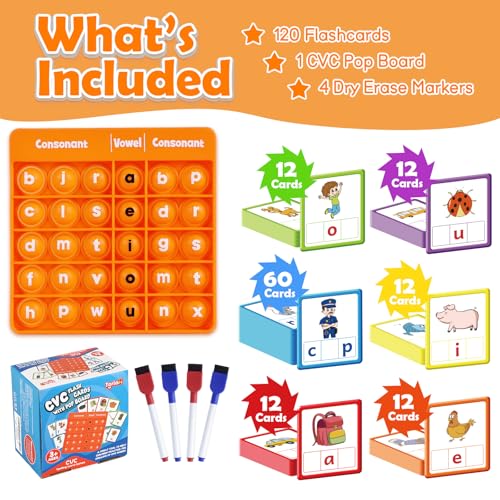 Torlam CVC Word games Phonics Games Sight Words Flash Cards, Spelling Reading Learning Flashcards, Speech Therapy Toy Preschool Kindergarten Classroom Learning Activities Must Have Homeschool Supplies - style: CVC