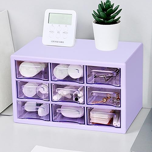 Desk Storage Organizer with 9 Drawers, Clear Plastic Storage Cabinet, Stackable Desk Storage Box for Makeup Office Craft Hardware Art Supplies,9.8x6.3x5.9inch(Purple) - color: Purple
