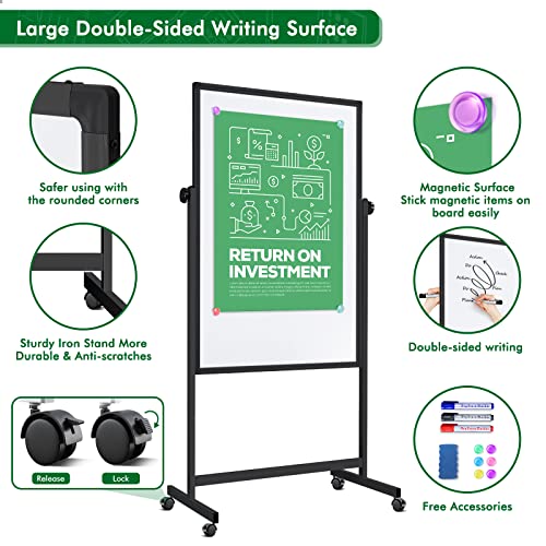 Rolling Whiteboard on Wheels, 32x48 Inches Double-Sided Magnetic Dry Erase Board with Stand, Height Adjustable Mobile White Board Easel for Classroom Home Office Black - style: Black