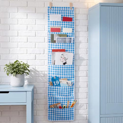 MotiMind 10 Pockets Wall Hanging File Folders File Storage Pocket Chart for Classroom Hanging Wall Organizer with 2 Over the Door Hangers, 58" x 14" for School Classroom Office Home (Blue Plaid) - style: Blue Plaid