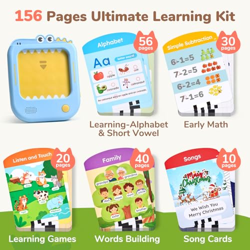 JoyCat Kids Learning Tablet, Phonics Talking Flash Cards, Learn to Read with 156 Pages, 40+ Themes, 600+ Words, 100+ Interactive Games, Screen-Free Toddler Learning Toys Gifts for 2-6 Year Old - style: Blue:English-Early Learning
