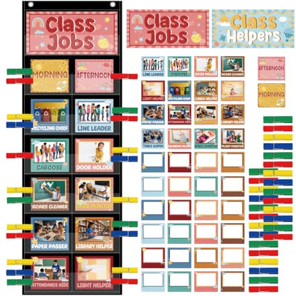 Class Jobs Pocket Chart - Groovy Management Educational Pocket Chart Set with Cards Clips Hooks, Teacher's Helper Classroom Supplies, Back to School Chalkboard Bulletin Board Decor - color: Groovy