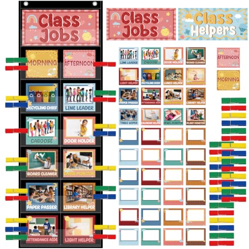 Class Jobs Pocket Chart - Groovy Management Educational Pocket Chart Set with Cards Clips Hooks, Teacher's Helper Classroom Supplies, Back to School Chalkboard Bulletin Board Decor - color: Groovy