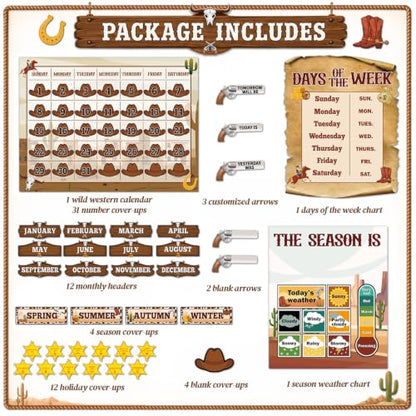 Western Cowboy Calendar Bulletin Board Set for Classroom Decoration Wild Western Calendar Seasons Weather Chart Brown Cowboy Bulletin Board Paper-Cuts for Teachers Elementary School Classroom - style: Western Cowboy