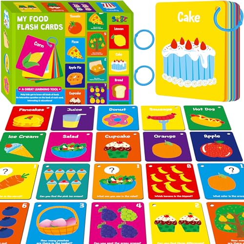 Food Flashcards, 50 Double-Sided Cards, Veggies, Fruits, Snacks, Desserts, Grain Cards Educational Learning Tools for Preschool and Toddlers Learning (2 Reclosable Rings Attached) - style: Food Flashcards