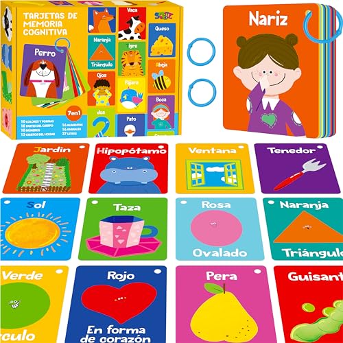 51 PCS Spanish Baby Cognitive Flashcards, Double Sided Printed 7 in 1 Colorful Cards Alphabet, Numbers, Foods, Animals, Shapes, Colors with 2 Reclosable Rings, Learning Tool for Toddlers - style: Spanish Cognitive Flashcards