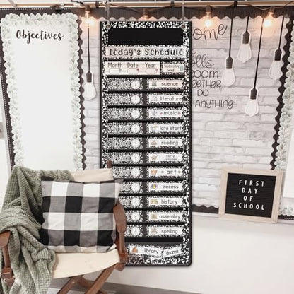 Gueevin Composition Book Daily Schedule Pocket Chart & Card Set Include 1 Hanging Chart with 24 Pockets 2 Metal Hooks 60 Schedule & Activity Cards Reusable Calendar for Kindergarten Daycare Decor - style: Composition Book