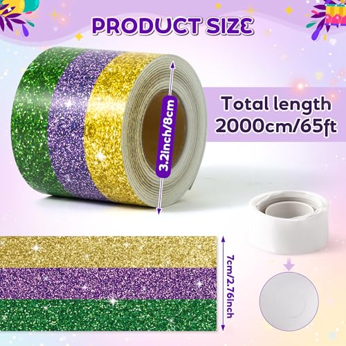 BeYumi Mardi Gras Border Trim - 65ft Mardi Gras Straight Rolled Border Trim Classic Glitter Yellow Purple Green Bulletin Board Set Carnival Holiday Masquerade Party School Classroom Home Wall Decor - style: Mardi Gras