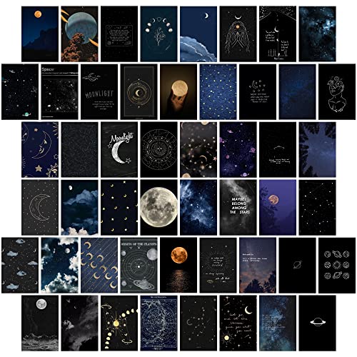 Astronomy Wall Collage Kit Aesthetic Pictures, Moon Stars Photo Collage Kit Dorm Room Decor for Teen Boy Girl, Moonlight Aesthetic Room Decor Photo Collection for Bedroom (50pcs 4x6 inch) - color: Black