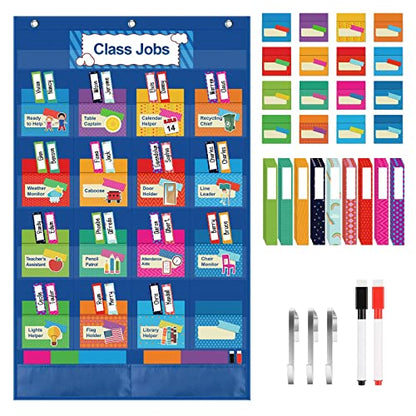 KIKIGOAL Class Jobs Pocket Chart Bulletin Board for School Classroom,Teacher's Helper Classroom Management Educational Pocket Chart (Blue) - color: Blue
