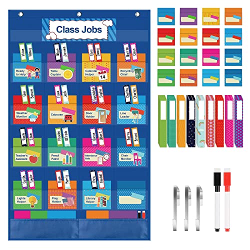 KIKIGOAL Class Jobs Pocket Chart Bulletin Board for School Classroom,Teacher's Helper Classroom Management Educational Pocket Chart (Blue) - color: Blue