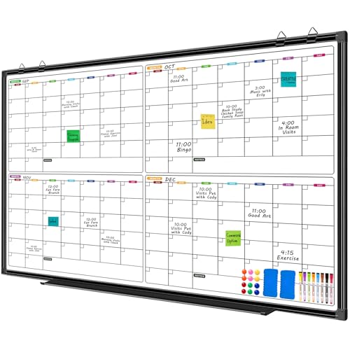 Large Dry Erase Calendar for Wall 72" x 40", 4 Month Whiteboard Calendar Dry Erase for Wall, Black Aluminum Frame Bulletin Board for Office Home and School - size: 72"W x 40"H
