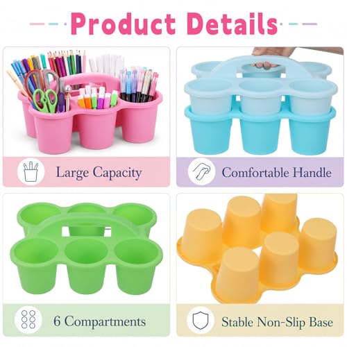 Plastic Caddy with Handle Set of 6 Classroom Caddy Organizer Cup Caddies Water Bottle Storage Crayon Caddies Plastic Cup Holder Drink Carrier for School Home Office Supplies (Pastel) - color: Pastel