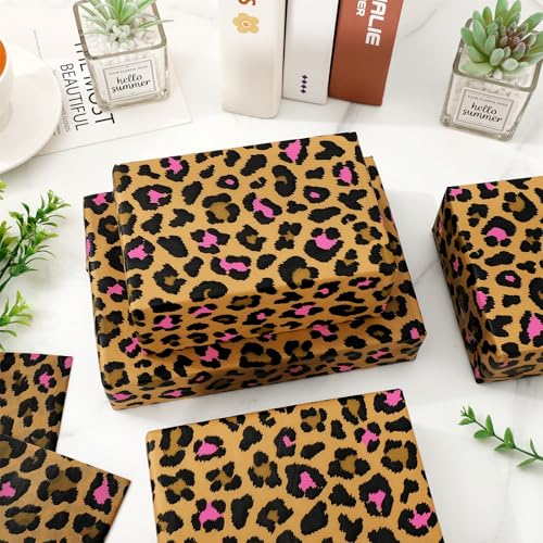 60 Sheets Leopard Print Tissue Paper Pink Floral Bouquet DIY Art Crafts Tissue Brown Safari Animal Gift Wrapping Paper for Home Classroom Office Party DIY Crafts Supplies, 14 x 20 Inch - color: Pink