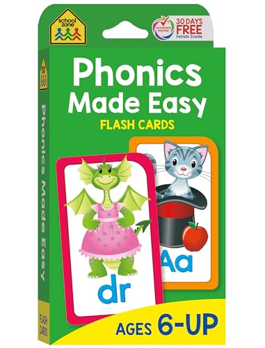 School Zone Phonics Made Easy Flash Cards: 56 Cards, Kindergarten, 1st Grade, 2nd Grade, Early Reading, Short Vowels, Long Vowels, Letter Combinations, Word-Picture Recognition, Ages 6+