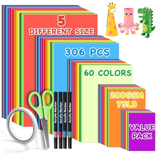 306PCS Colored Cardstock Paper, 5 Different Size/60 Assorted Colors Construction Paper Bulk, 200GSM/75LB Thick Colorful Card Stock Printer Paper for Printing, DIY Cards, Kids School Supplies - size: 5Size-306PCS