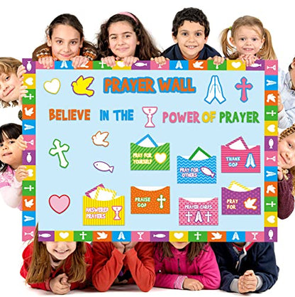 Geelin 184 Pcs Prayer Wall Bulletin Board Set Cork Board Religious Decor Rainbow Christian Bulletin Board Sets Sunday School Decorations for Classroom School Church Home Blackboard Chalkboard Wall