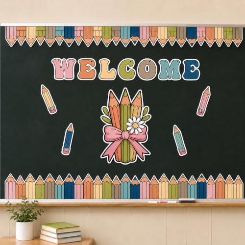 Boho Pencil Classroom Bulletin Board Decor Set Welcome Back to School Pencil Cutouts with Bow & Daisy Die-Cut Border Trims for School Wall Door Teacher Supplies, Preschool, Kindergarten