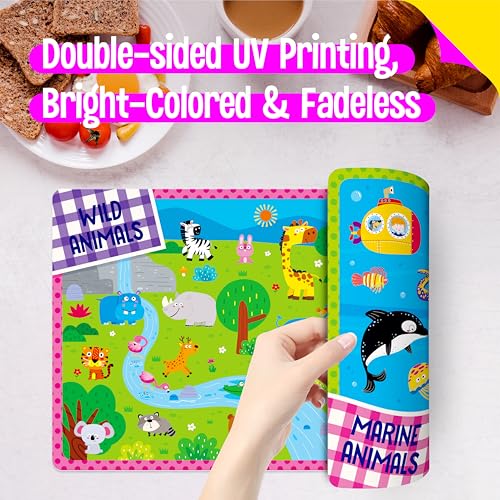 4 Pack Placemats for Kids, Non-Slip Washable Table Mats, Double-Sided Reusable Universe, Alphabet, Numbers, Map of USA & World Educational Placemats for Home, Kindergarten, Classroom, Nursery - style: Basic Cognition-Double-Sided