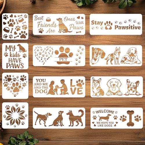 ORIGACH Large Dog Stencils for Crafts, 12 Pcs Reusable Love Pet Themed Dog Paw Pattern Stencils Templates for Painting on Wood, Wall, Canvas & Furniture - style: Dog