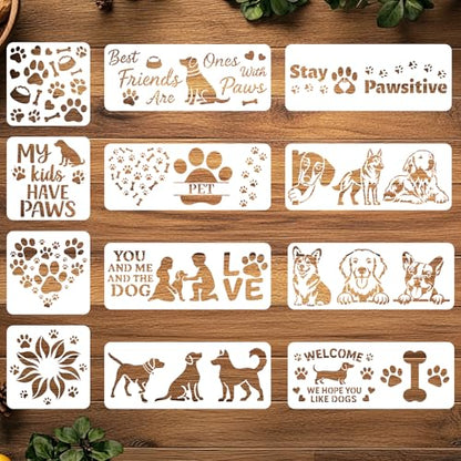 ORIGACH Large Dog Stencils for Crafts, 12 Pcs Reusable Love Pet Themed Dog Paw Pattern Stencils Templates for Painting on Wood, Wall, Canvas & Furniture - style: Dog