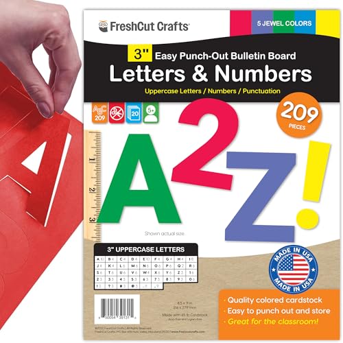 209 Pcs 3" Jewel Bulletin Board Precut Letters & Numbers, Upper Case, Numbers, Punctuation, US Made Card Stock Punch Out Letters for Poster, Bulletin Board, Classroom