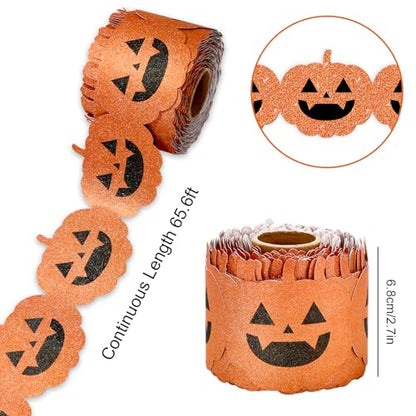 Whaline 65.6Ft Halloween Bulletin Board Border Glitter Orange Pumpkin Die Cut Trim Border Roll for Spooky Chalkboard Wall Decor - style: Halloween Pumpkin