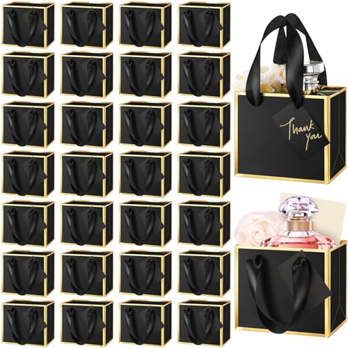 Yeaqee 50 Pcs Mini Metallic Paper Gift Bags with Handle 4.75x2.25x4'' Small Gift Bag DIY Tag Thank You Party Favor for Summer Wedding Baby Shower Birthday Back to School Jewelry (Black,Gold) - color: Black, Gold