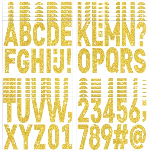 282 Pcs 24 Sheets Large Letter Stickers Glitter Big Font Alphabet Number Self Adhesive Vinyl Stick on Letters Sticker for Mailbox Crafts Poster Bulletin Boards Classroom Home Decor (Gold, 4 Inch) - color: Gold, size: 4 Inch