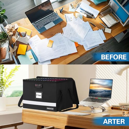File Box with Lock - Portable File Organizer Box with Handle, Sturdy Important Document Organizer with Label, Slide, Reflective Strip for Hanging Letter/Legal Folder - size: 15.5" x 12.3" x 10.5", style: Black 1 Pack- Box with Lock