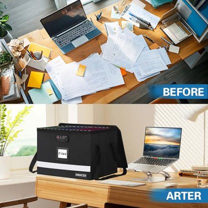File Box with Lock - Portable File Organizer Box with Handle, Sturdy Important Document Organizer with Label, Slide, Reflective Strip for Hanging Letter/Legal Folder - size: 15.5" x 12.3" x 10.5", style: Black 1 Pack- Box with Lock