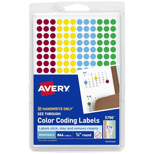 Avery See-Through Color-Coding Removable Labels, 1/4 Inch Round Labels, Assorted Translucent Colors, Non-Printable, 864 Dot Stickers Total (5796) - color: See Through, style: 864 labels (1 Pack)