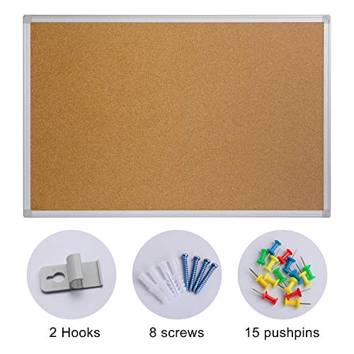 Cork Board Bulletin Board 24 x 36, Silver Aluminium Framed 2x3 Corkboard, Office Board for Wall Cork, Large Wall Mounted Notice Pin Board - size: 24" x 36"