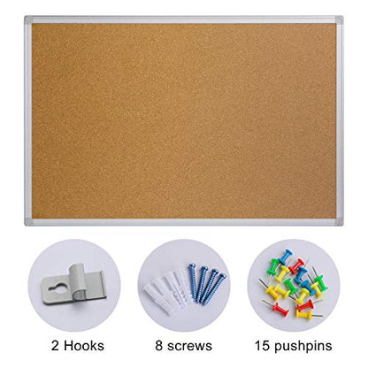 Cork Board Bulletin Board 24 x 36, Silver Aluminium Framed 2x3 Corkboard, Office Board for Wall Cork, Large Wall Mounted Notice Pin Board - size: 24" x 36"
