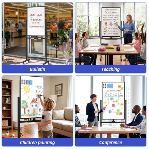 VOWNER Magnetic Mobile Whiteboard, 40" x 24" Double-Sided Dry Erase Board with Stand, Includes a Pen, Eraser, and Magnetic Buttons, Aluminum Frame Rolling Whiteboard for Home, Office, or Classroom