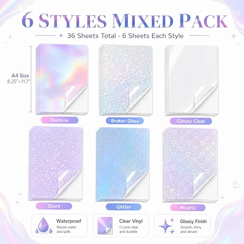 36 Sheets Holographic Sticker Paper Holographic Clear Vinyl Self Adhesive Waterproof Transparent Laminating Sheets Rainbow Overlay with A4 (11.7 x 8.3 Inch) 6 Styles Mixed - style: 36 mixed