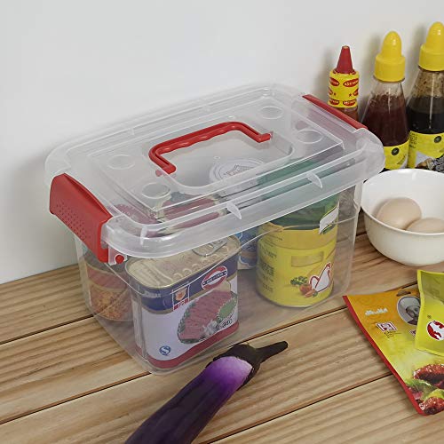 5 L Plastic Storage Bin with Lid, Clear Transparent Box With Red Handles Set of 6 - color: Red